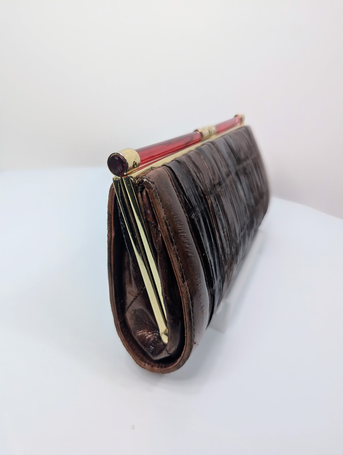 ELB Vintage Brown Genuine Eel Skin Pleated Frame Clutch with Ruby Lucite Bar