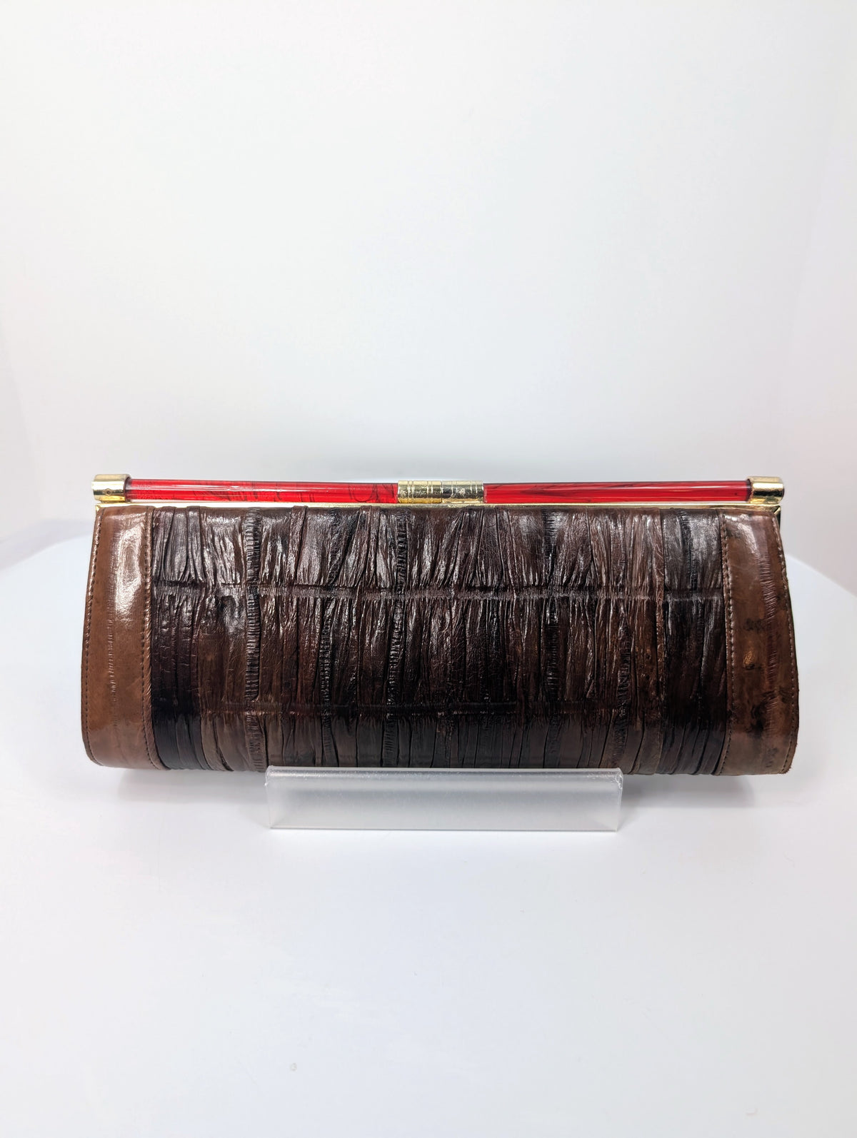 ELB Vintage Brown Genuine Eel Skin Pleated Frame Clutch with Ruby Lucite Bar