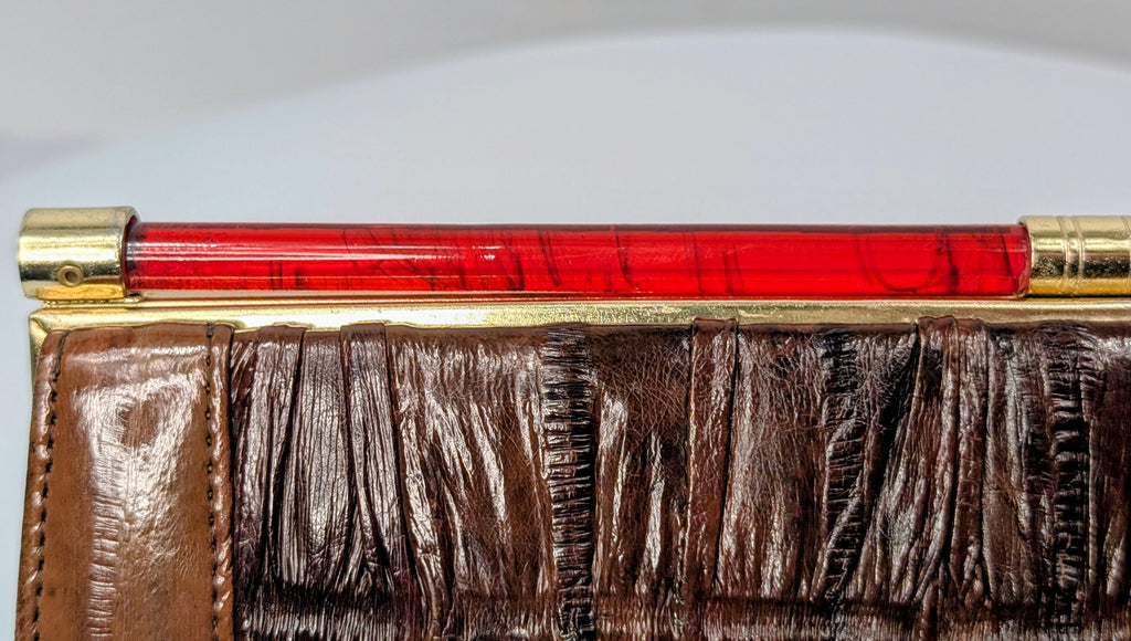 ELB Vintage Brown Genuine Eel Skin Pleated Frame Clutch with Ruby Lucite Bar