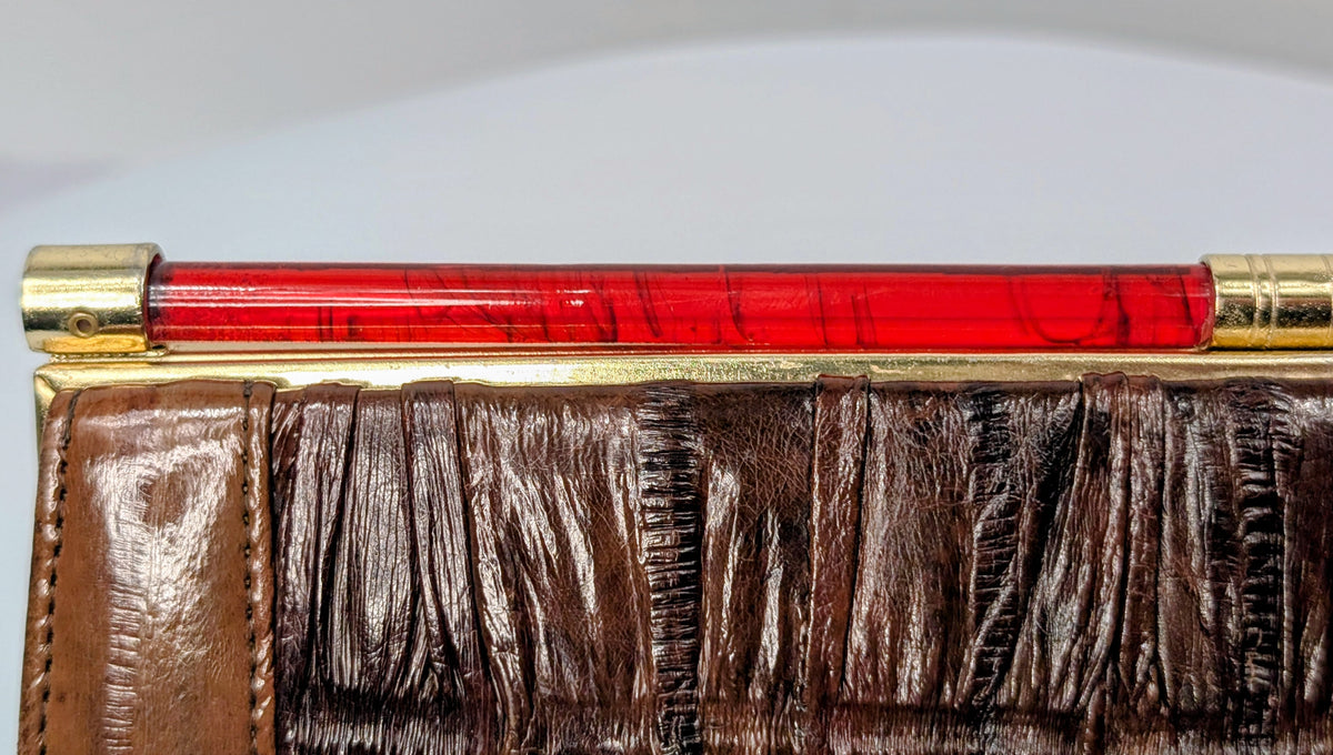 ELB Vintage Brown Genuine Eel Skin Pleated Frame Clutch with Ruby Lucite Bar