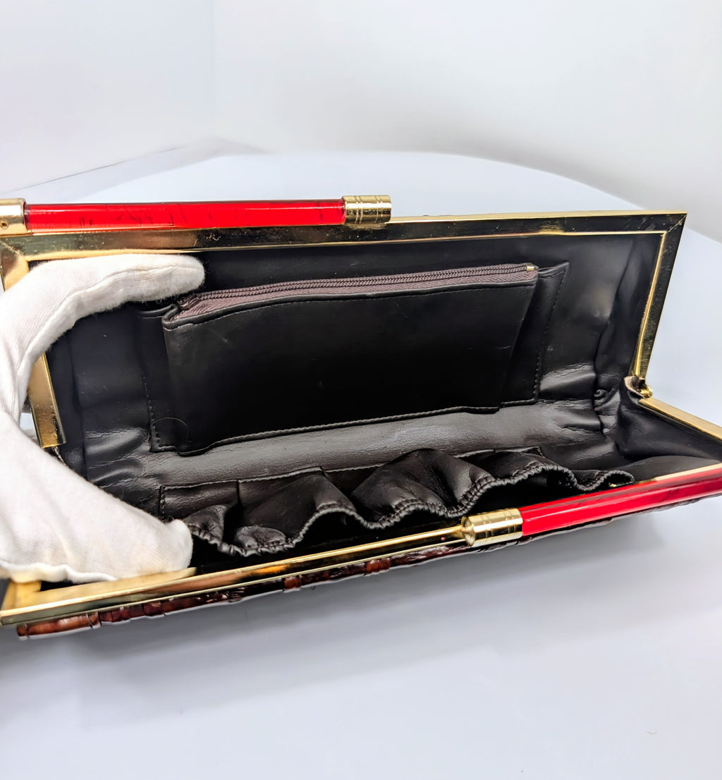ELB Vintage Brown Genuine Eel Skin Pleated Frame Clutch with Ruby Lucite Bar