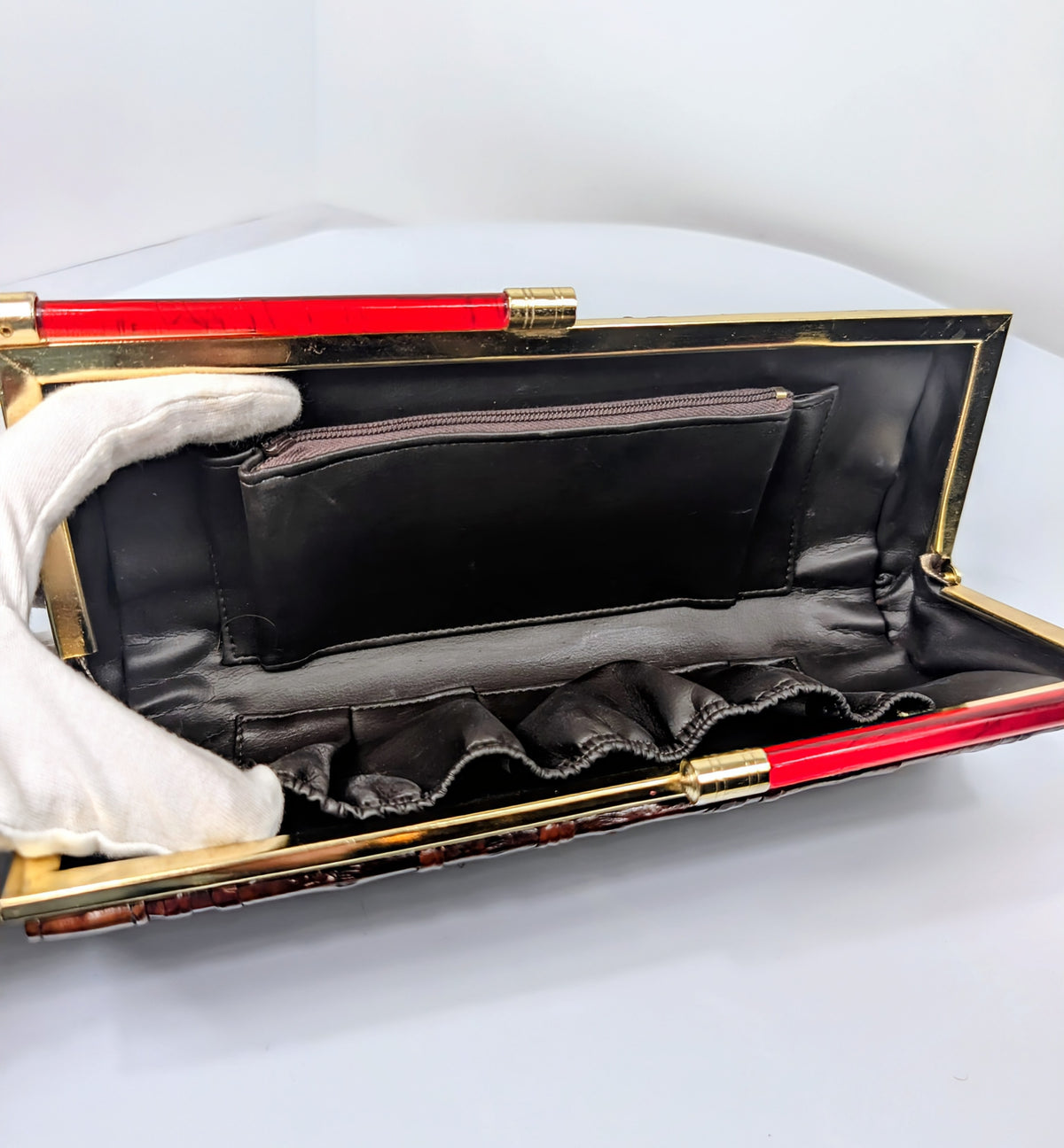 ELB Vintage Brown Genuine Eel Skin Pleated Frame Clutch with Ruby Lucite Bar