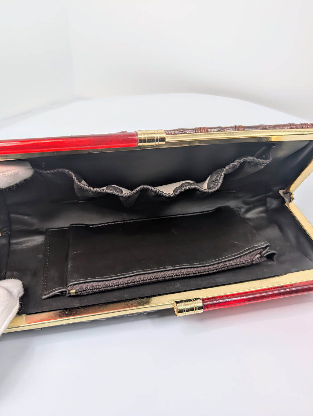 ELB Vintage Brown Genuine Eel Skin Pleated Frame Clutch with Ruby Lucite Bar