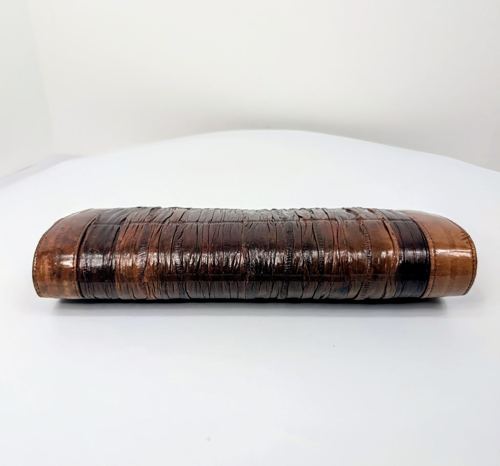 ELB Vintage Brown Genuine Eel Skin Pleated Frame Clutch with Ruby Lucite Bar