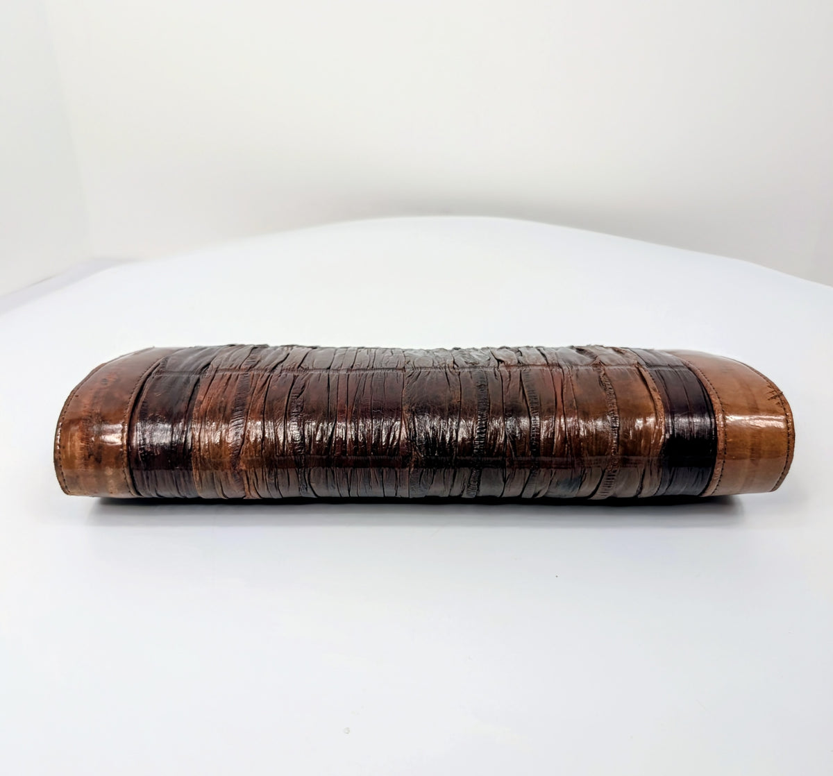 ELB Vintage Brown Genuine Eel Skin Pleated Frame Clutch with Ruby Lucite Bar