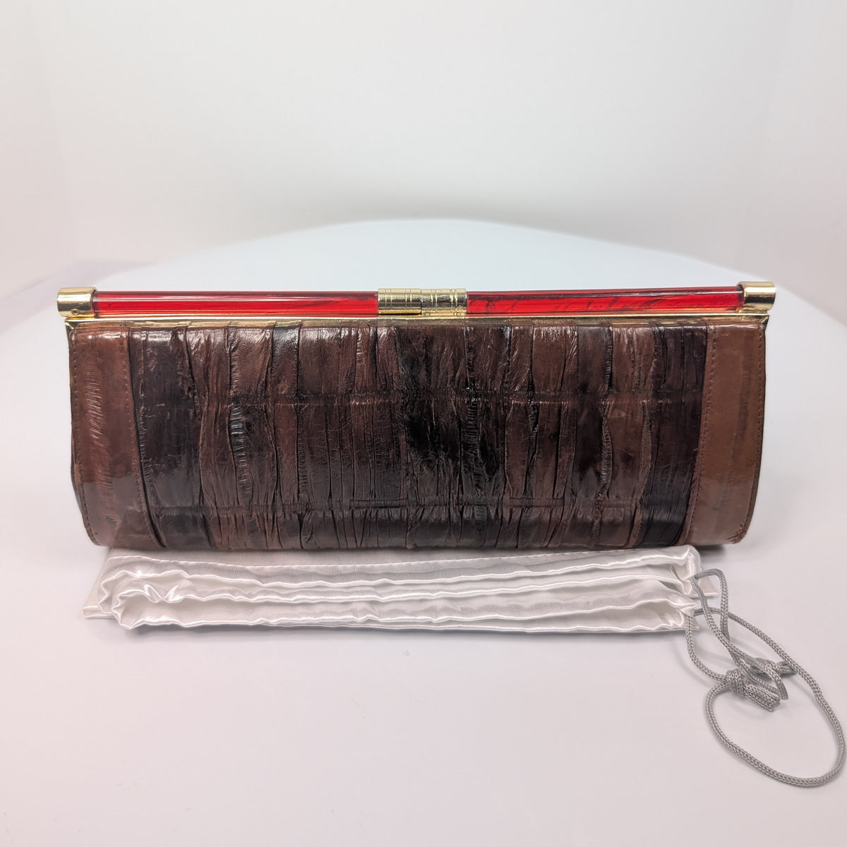 ELB Vintage Brown Genuine Eel Skin Pleated Frame Clutch with Ruby Lucite Bar