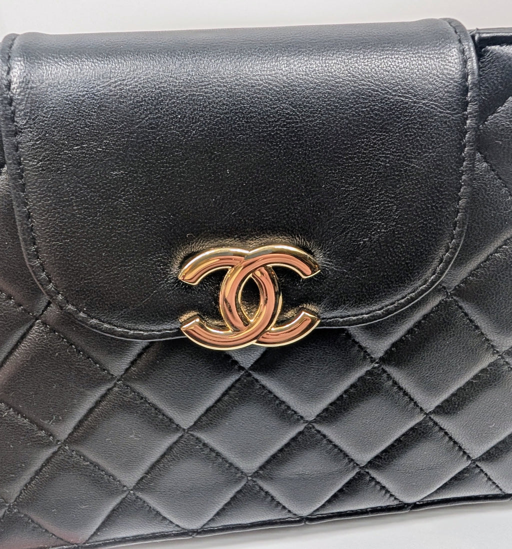 Chanel Black Quilted Lambskin Flap CC Pouch Wristlet Clutch WOC