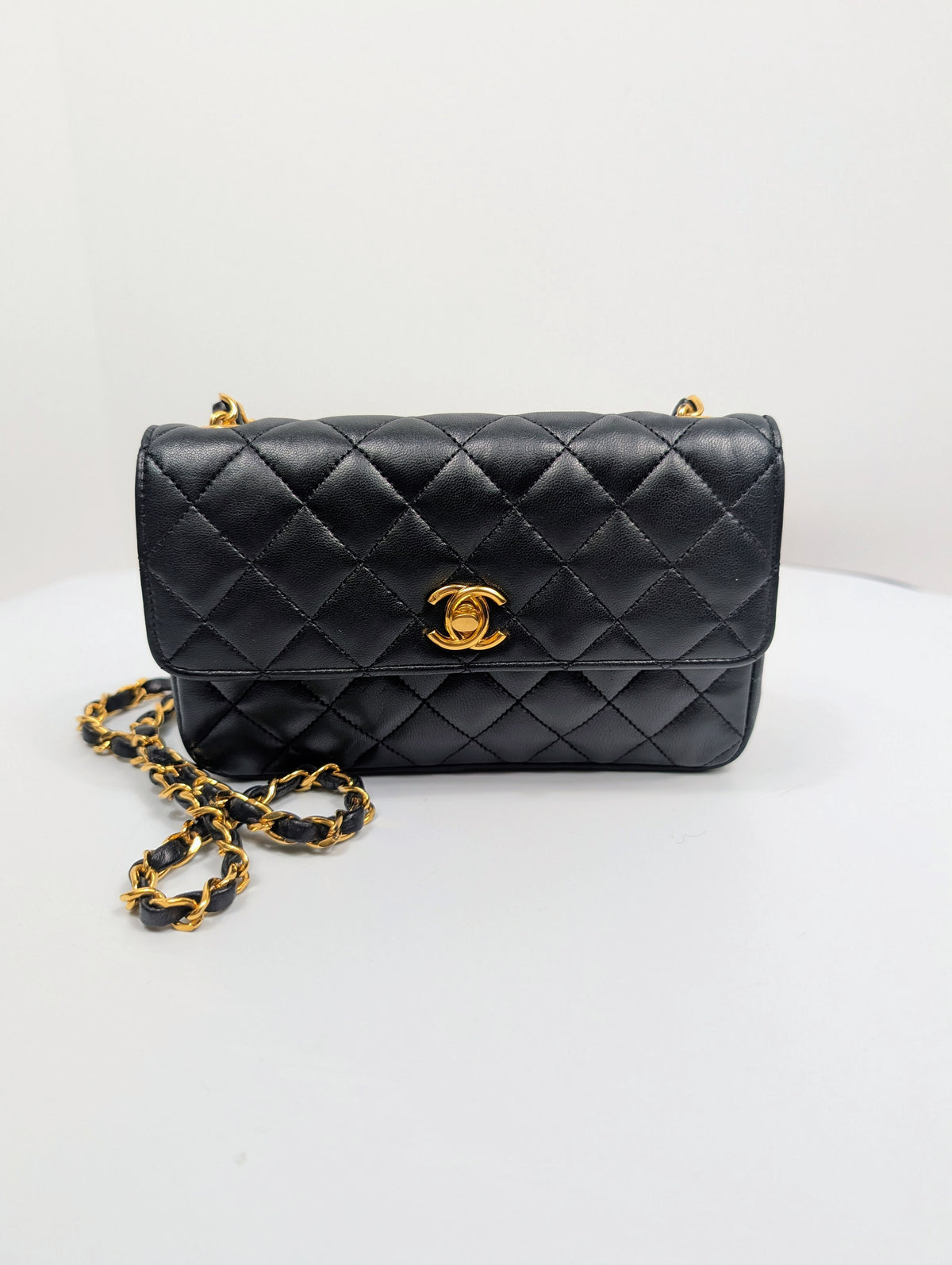 Chanel Vintage 1-Series Black Quilted Lambskin Mini Flap Bag 24K Gold Plated HW