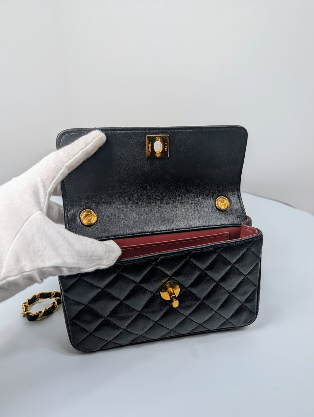 Chanel Vintage 1-Series Black Quilted Lambskin Mini Flap Bag 24K Gold Plated HW