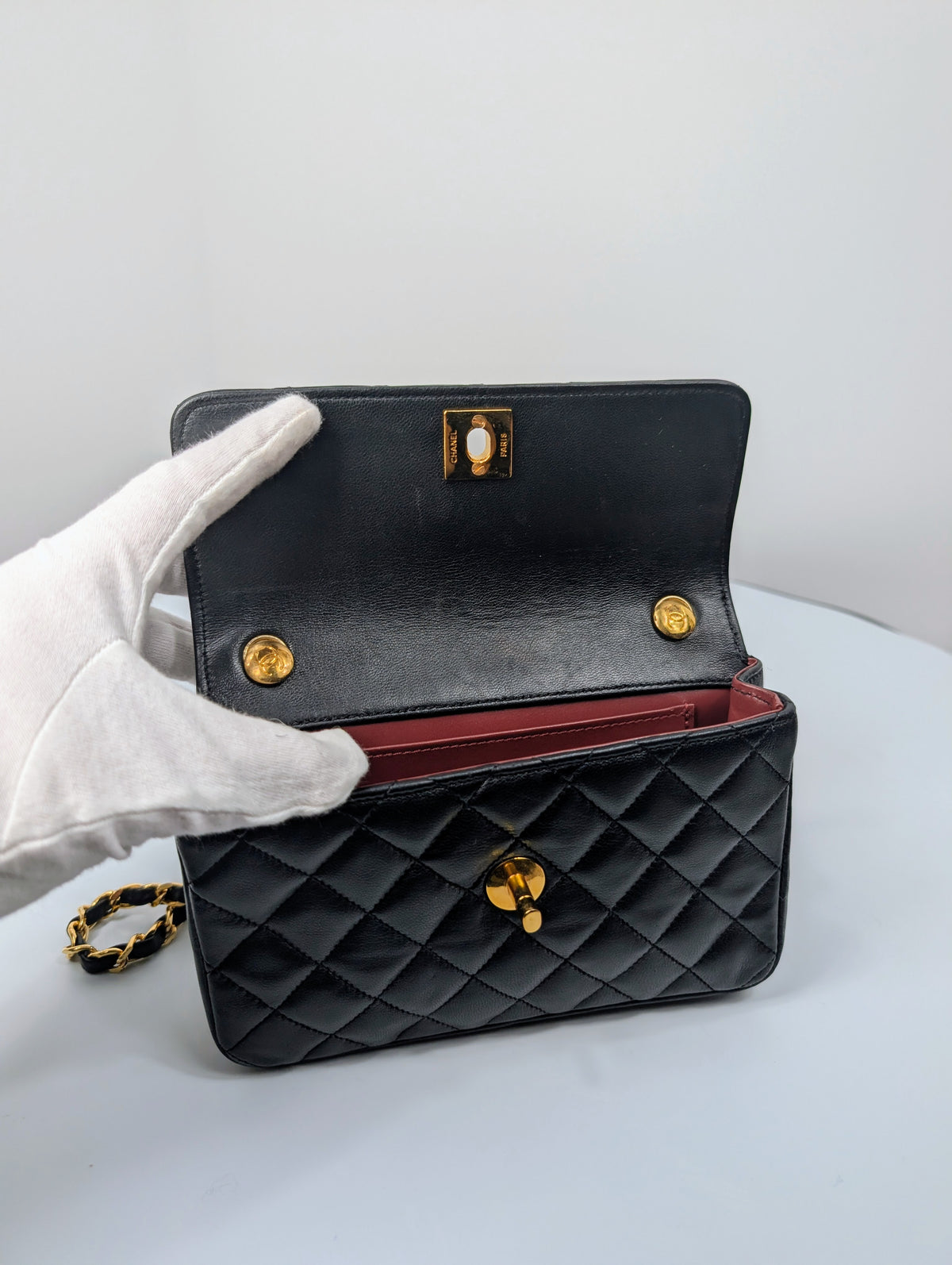 Chanel Vintage 1-Series Black Quilted Lambskin Mini Flap Bag 24K Gold Plated HW