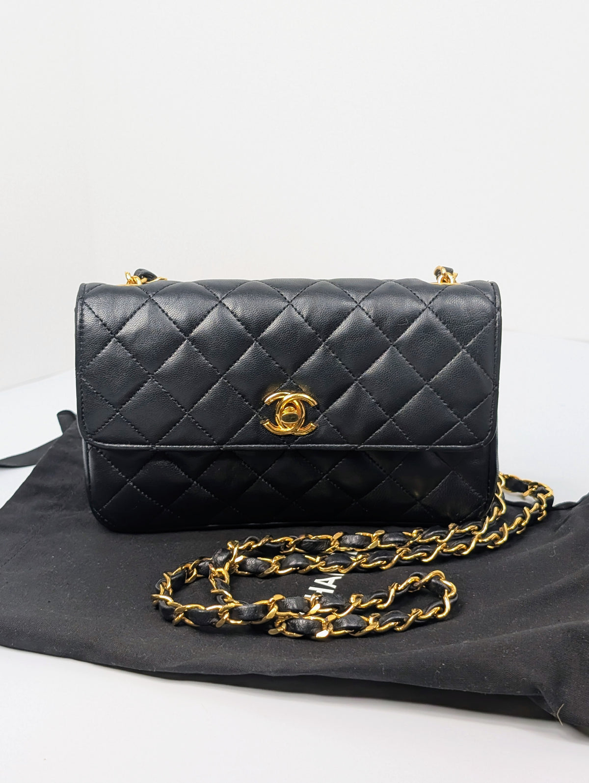 Chanel Vintage 1-Series Black Quilted Lambskin Mini Flap Bag 24K Gold Plated HW