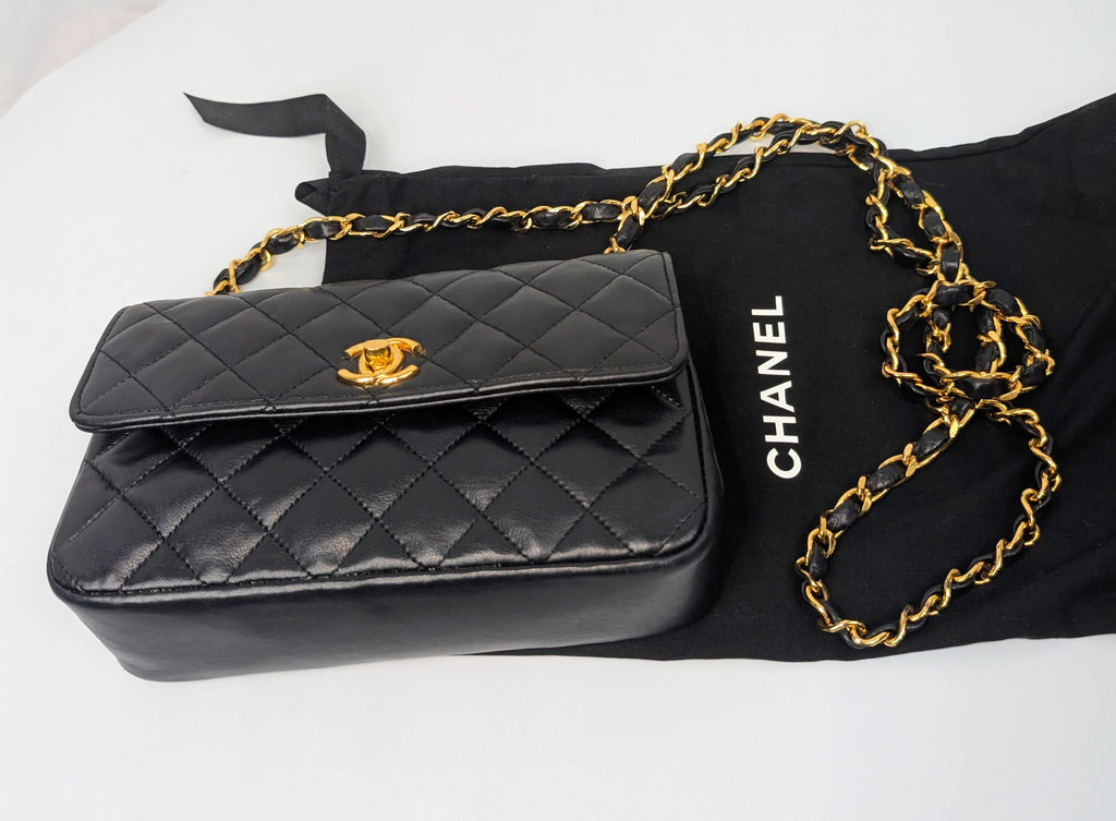 Chanel Vintage 1-Series Black Quilted Lambskin Mini Flap Bag 24K Gold Plated HW