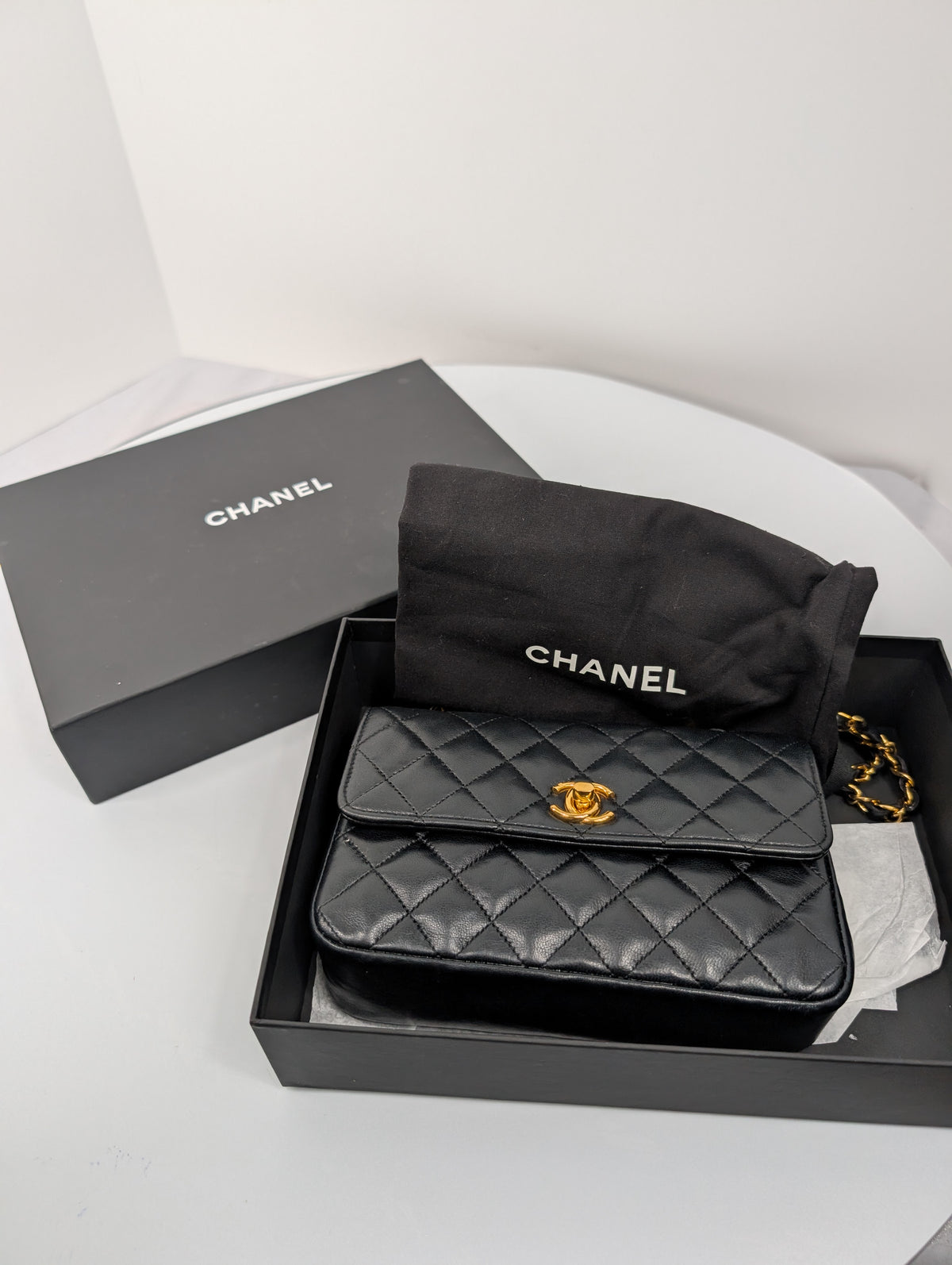 Chanel Vintage 1-Series Black Quilted Lambskin Mini Flap Bag 24K Gold Plated HW