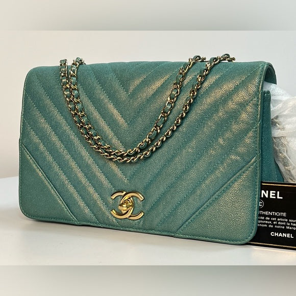 Chanel Rare Turquoise Luminescent Chevron Medium Quilted Classic Flap Bag