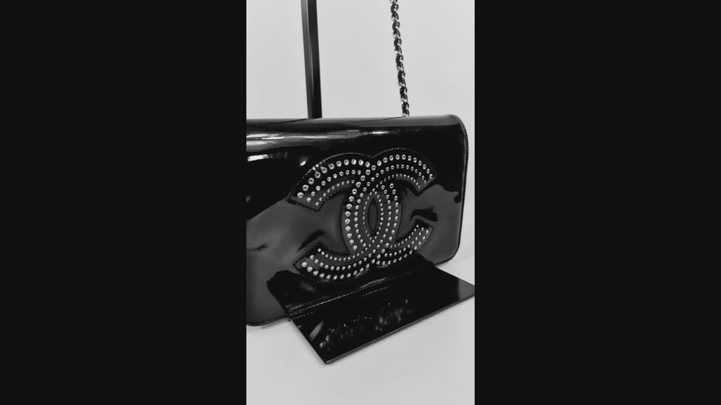 Chanel Black Studded Crystal Patent Leather Wallet on Chain (WOC)